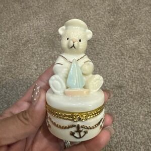 Anchors Aweigh Treasure Trinket Box Teddy Bear Gold Trim with Anchor Charm